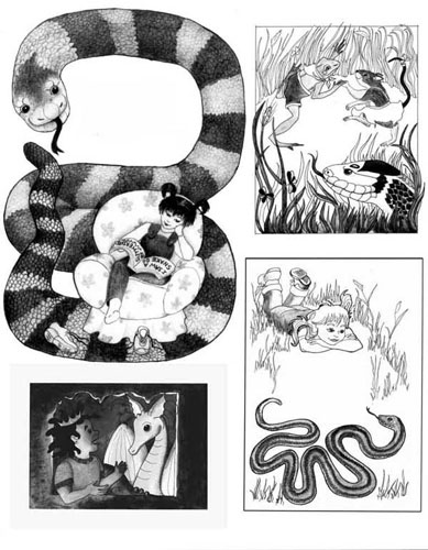 collage of grayscale pictures, pen & ink, pencil and watercolor